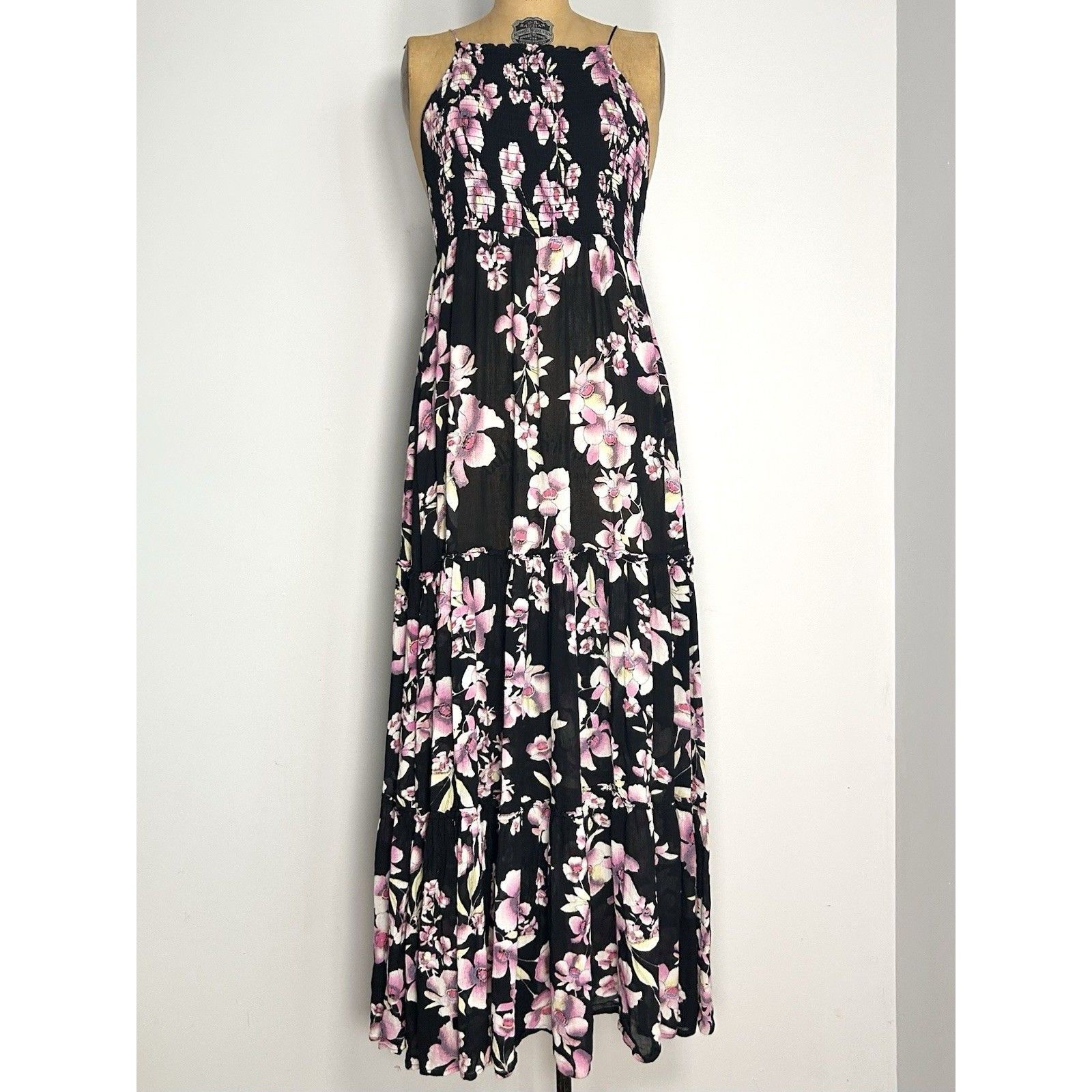 Intimately Free People Maxi Dress M Black Pink Floral Smocked Tiered Boho